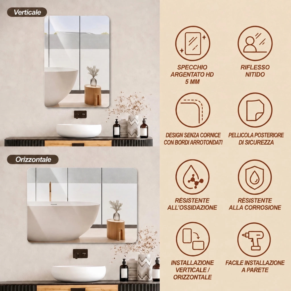 Specchio da Bagno 90x70 cm Senza Cornice; Angoli Arrotondati; Vetro Argento HD 5 mm; Argento
