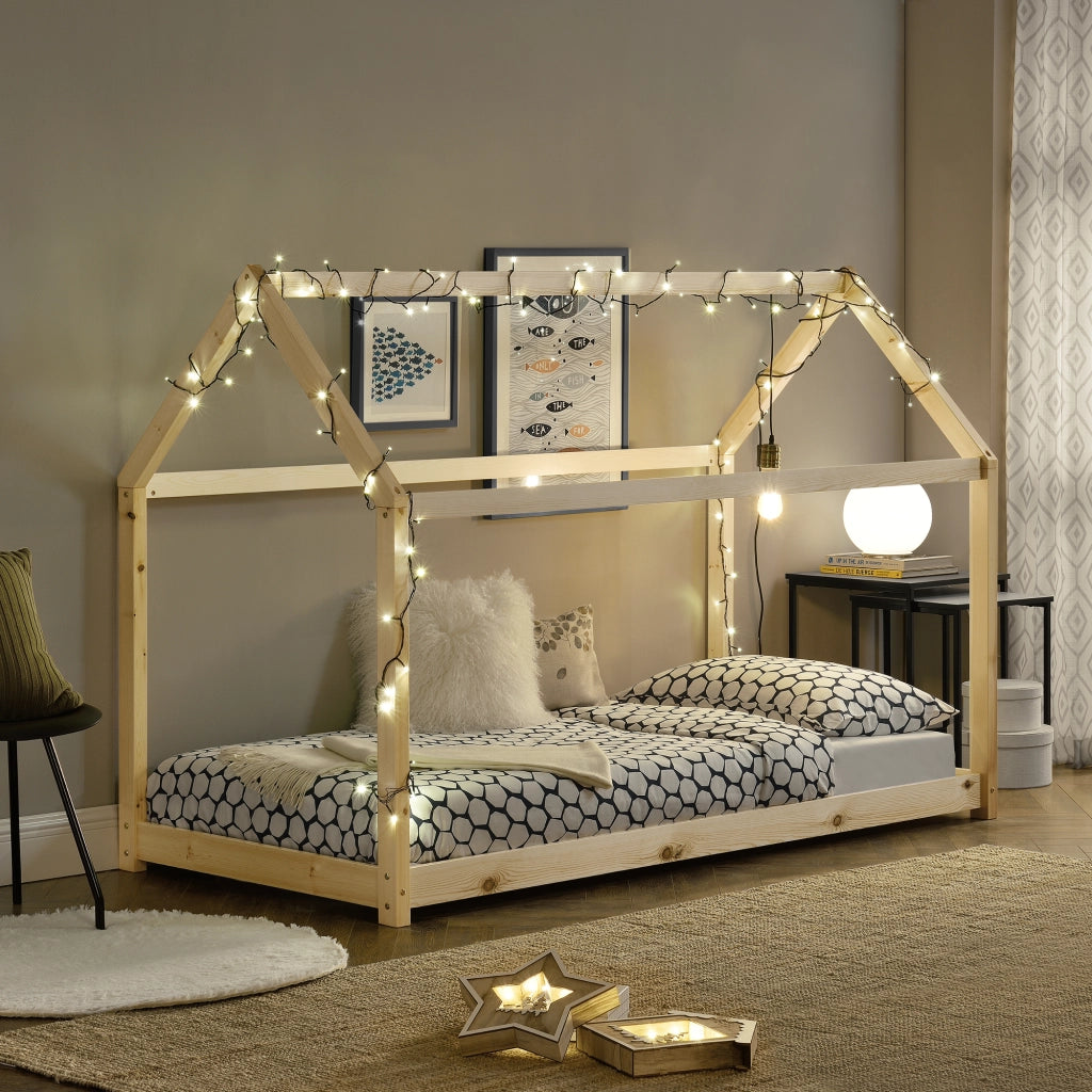 Letto per Cameretta Netstal a Forma di Casetta 90 x 200 cm Naturale [en.casa]