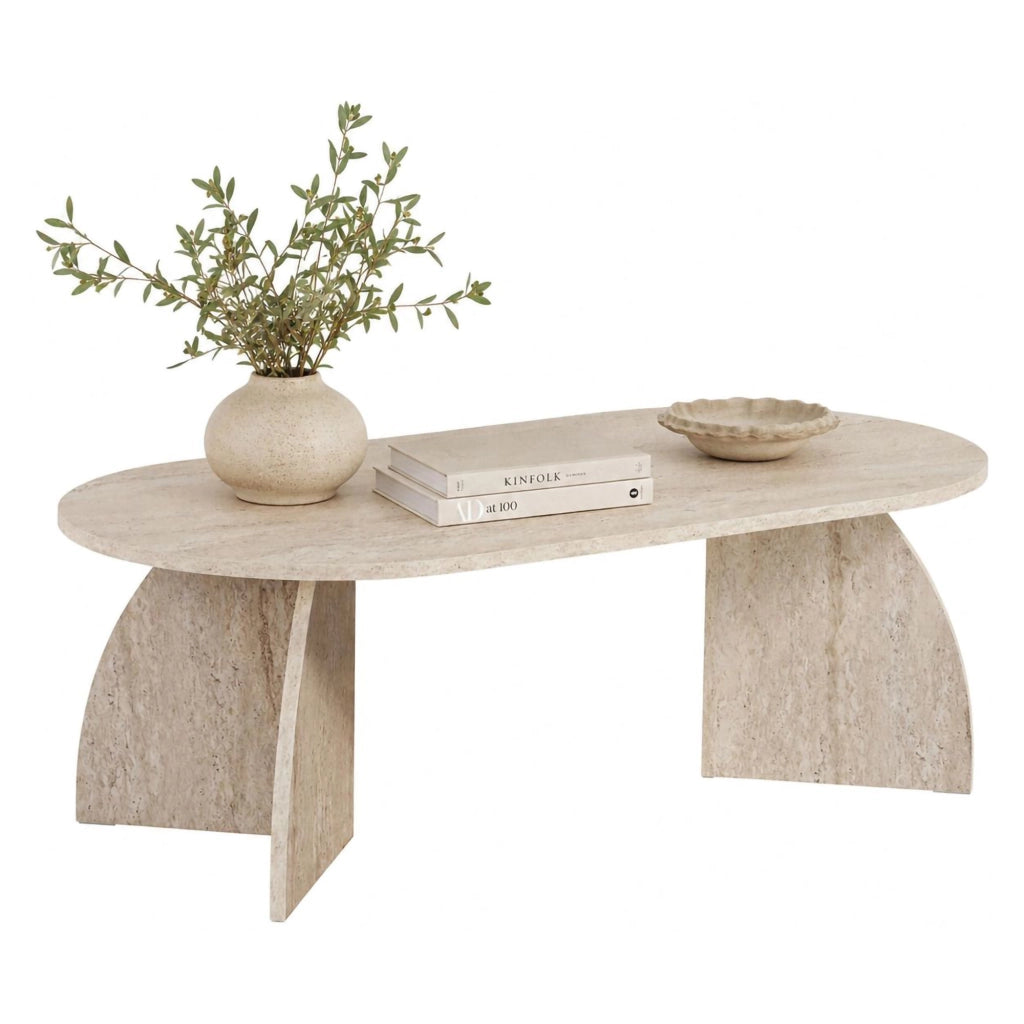 Nohaza, Tavolino da Salotto Forma Ovale, 120x60x40h cm Bianco Marmo