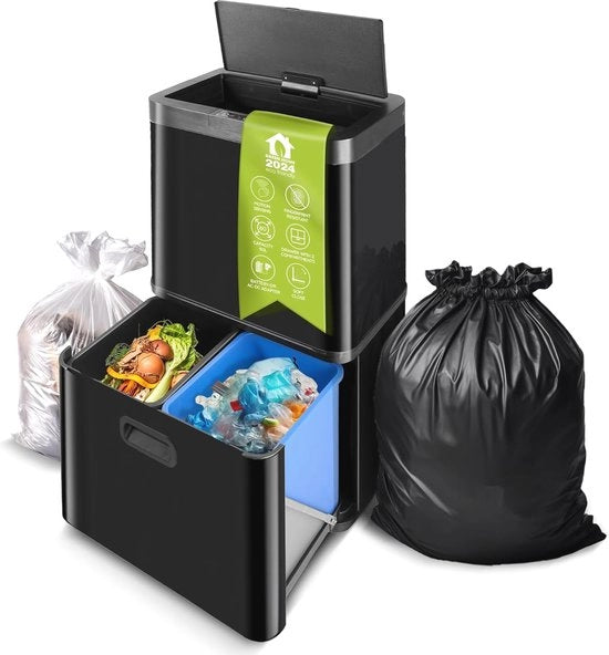 Contenitore di rifiuti in acciaio inossidabile a 3 sensori - 60 l - smaltimento senza contatto con filtro antisoffio