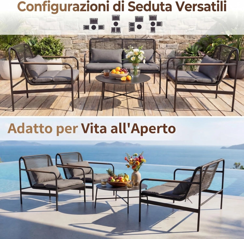 Set Salotto da Giardino 4 Pezzi in Rattan PE, Tavolo da Giardino con 2 Poltrone e Divano a 2 Posti, Set Mobili da Esterno con Struttura in Metallo e Cuscini Imbottiti, per Balcone e Patio
