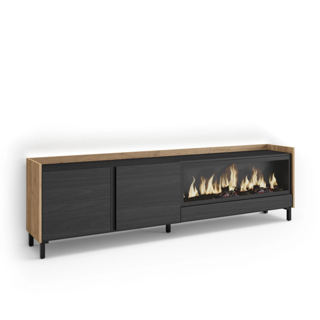Mobile TV Soggiorno, 212x61x35 cm, Per TV fino a 80", Camino elettrico XXL, Design industriale, LED, Nero e rovere