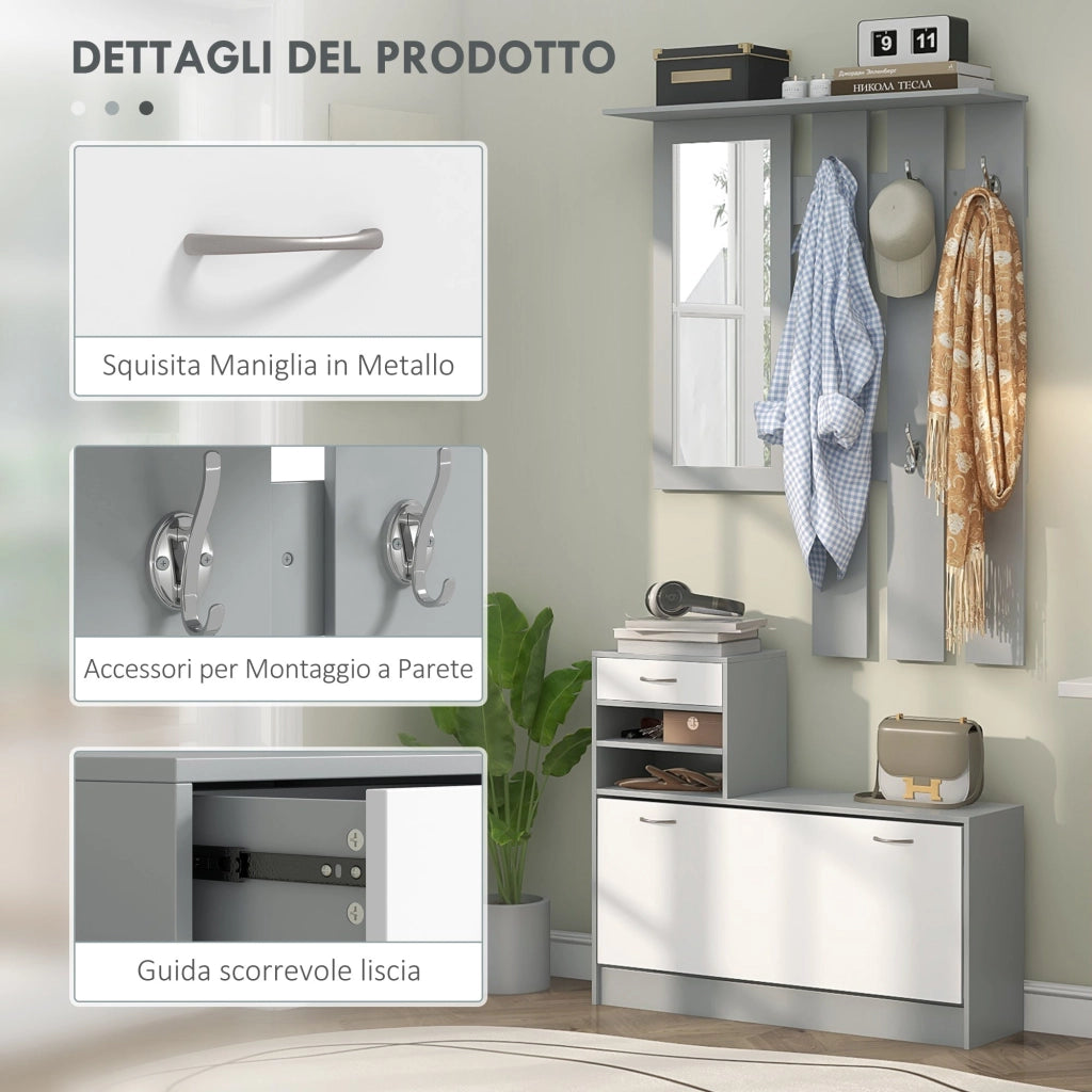 Mobile Guardaroba per Ingresso con Specchio Appendiabiti e Scarpiera Regolabile 90x24x177 cm Bianco e Grigio
