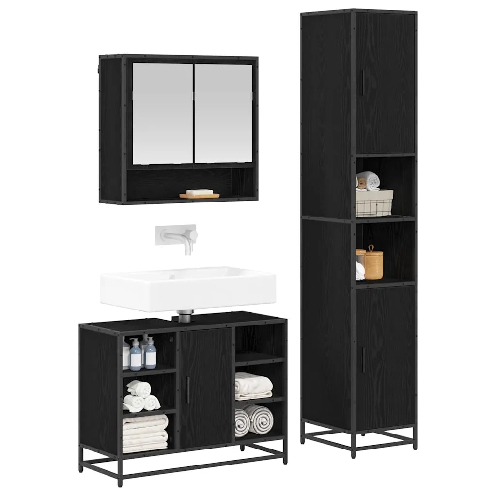 Set di mobili per il Bagno | Armadio da bagno 3 pz Rovere Nero Legno multistrato