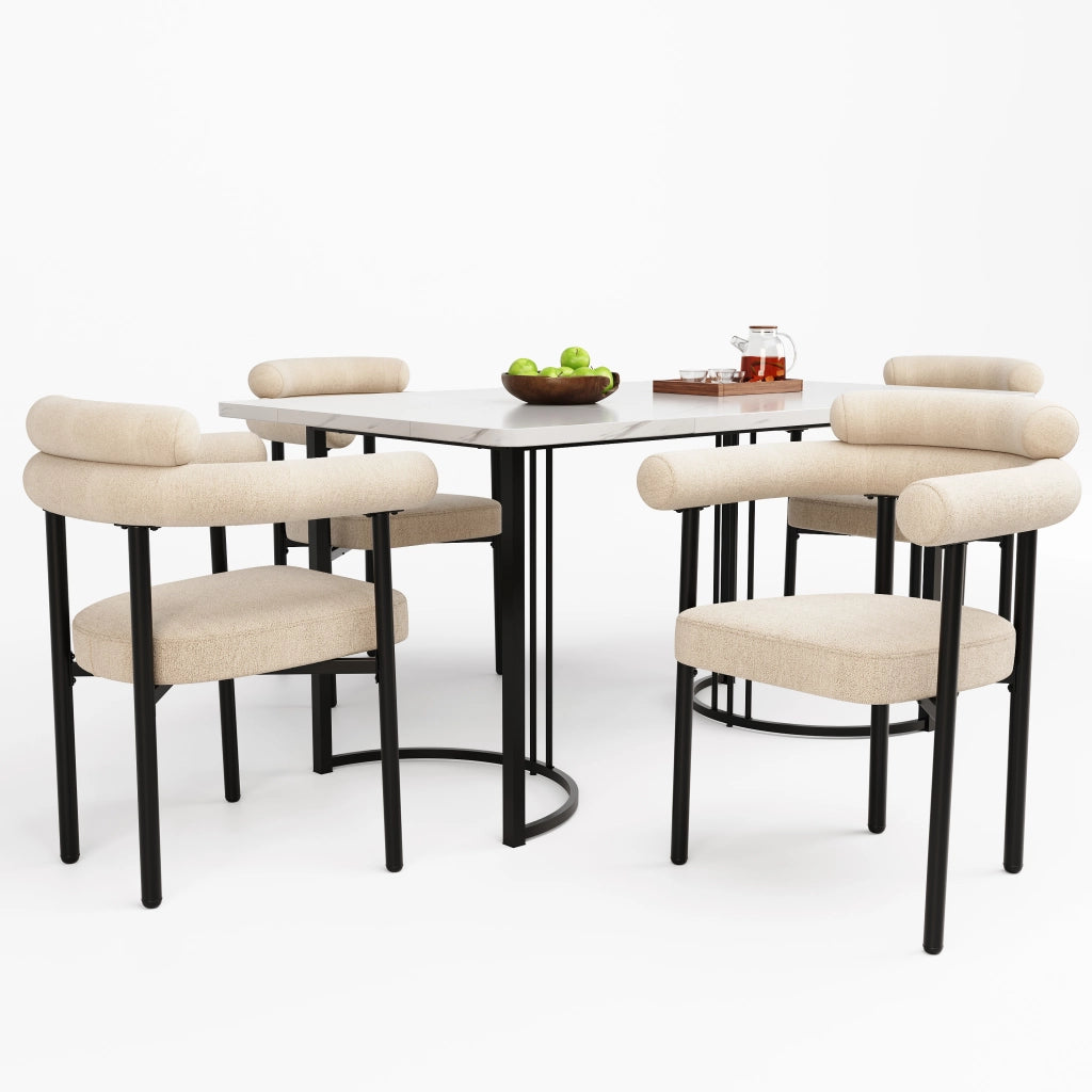 Tavolo da pranzo con 4 sedie, gambe in metallo e sedute in velluto, per cucina e sala da pranzo, beige e bianco