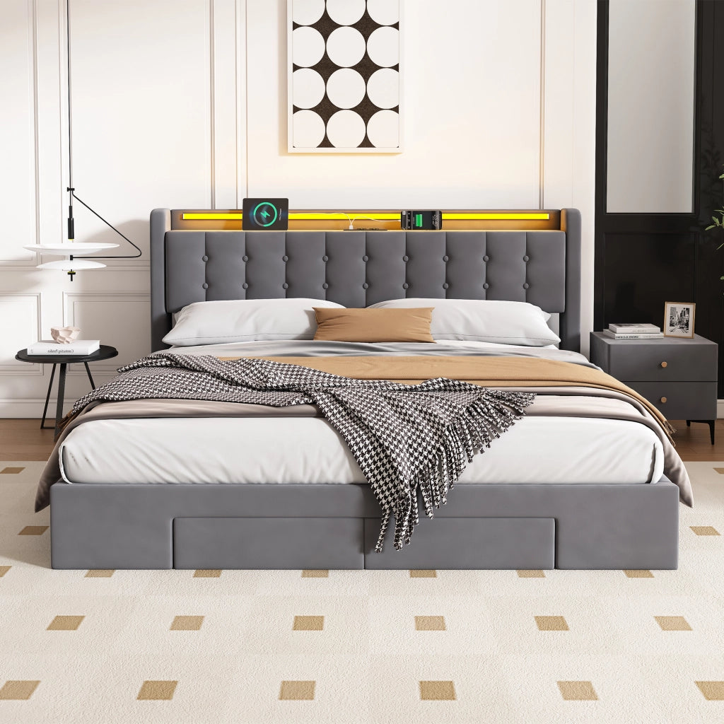 LETTO Imbottito 180 x 200 cm Grigio Scuro con Contenitore, Cassetti, USB e LED