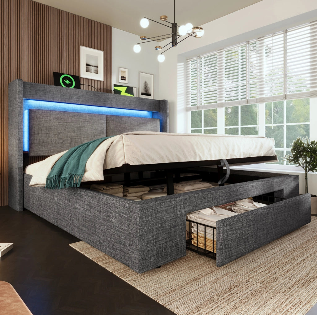Letto matrimoniale 160x200 cm in lino grigio con contenitore; LED; USB e materasso