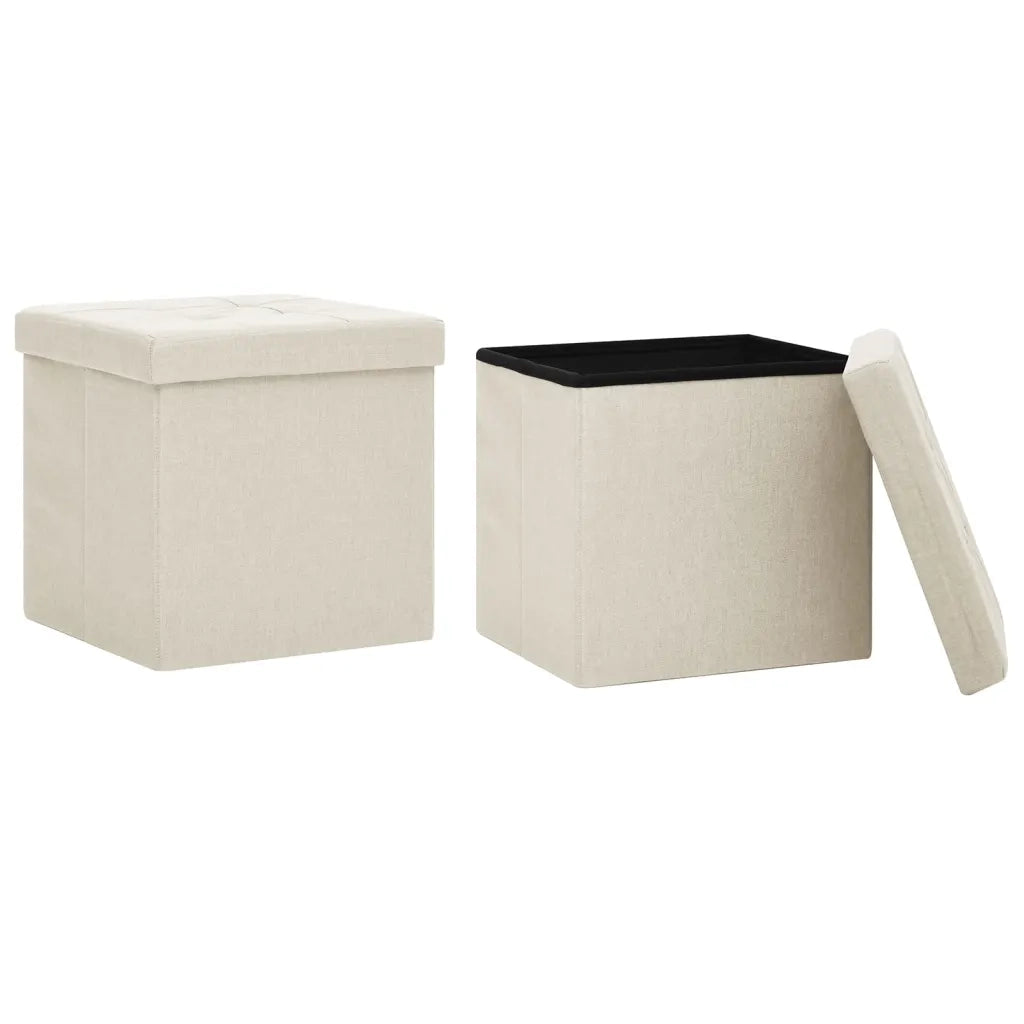 Pouf con Contenitore Pieghevoli 2 pz Bianco Crema in Simil Lino cod mxl 58435