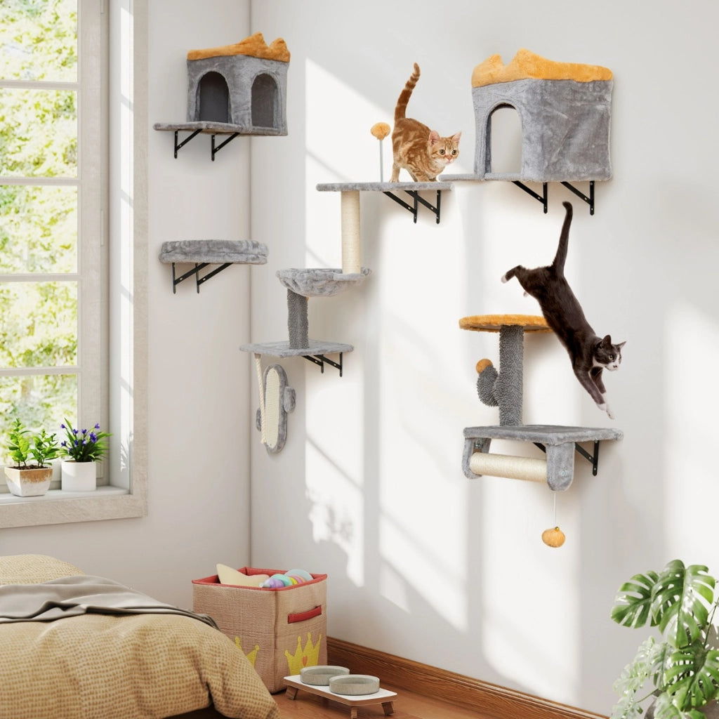Set torre per gatti da parete con piattaforme e 2 comode cuccie, Set albero per gatti salvaspazio Grigio