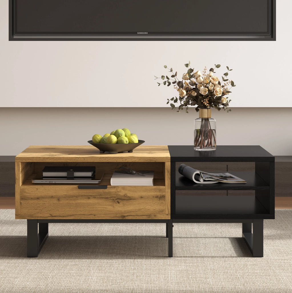 Tavolino da caffè 100×50×40 cm in legno naturale e nero con 3 vani e cassetto