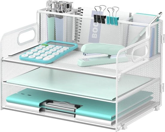 Organizzatore da scrivania a 3 livelli con maniglia e 3 contenitori per penne, organizzatore per carta/ documenti per il tavolo da lavoro, cassetto per carta per materiali da ufficio, bianco
