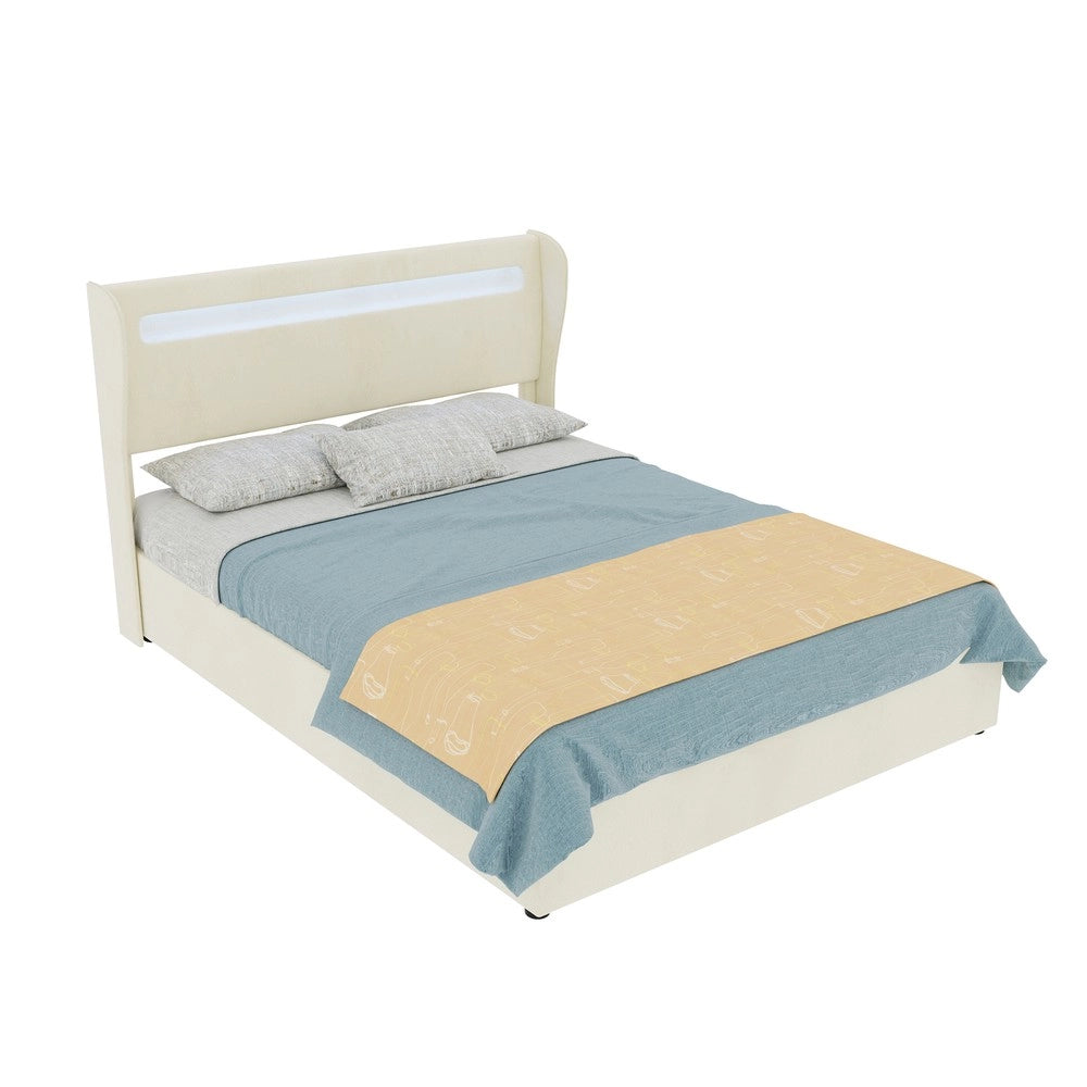 Letto Contenitore Imbottito con Testiera LED ¨C MINIMAL ¨C Velluto Beige 140x200