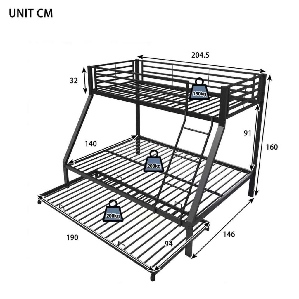 Letto a castello in metallo 90x200 e 140x200 cm con letto estraibile 90x190 cm; nero