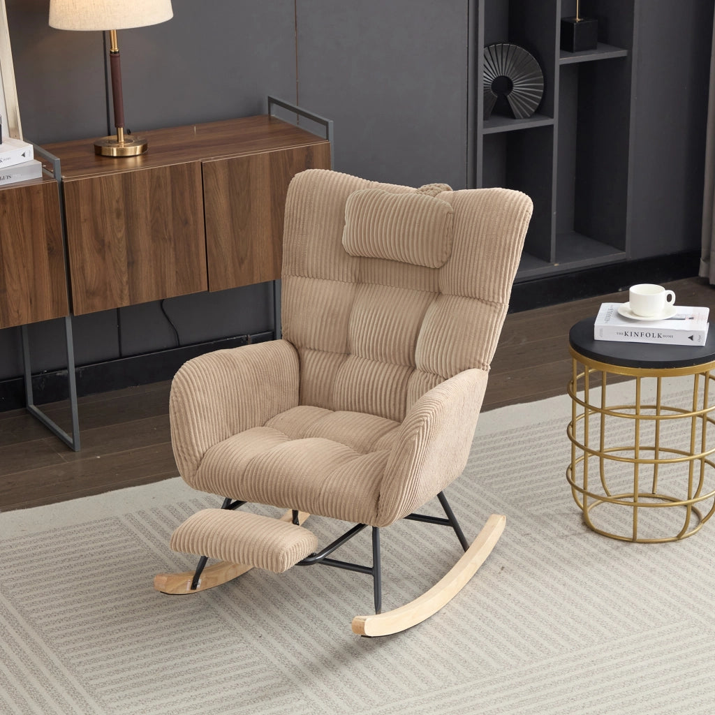 sedia a dondolo con schienale alto; poggiapiedi estraibile e tasca laterale in velluto a coste marrone 102 Ã— 65 Ã— 92 cm