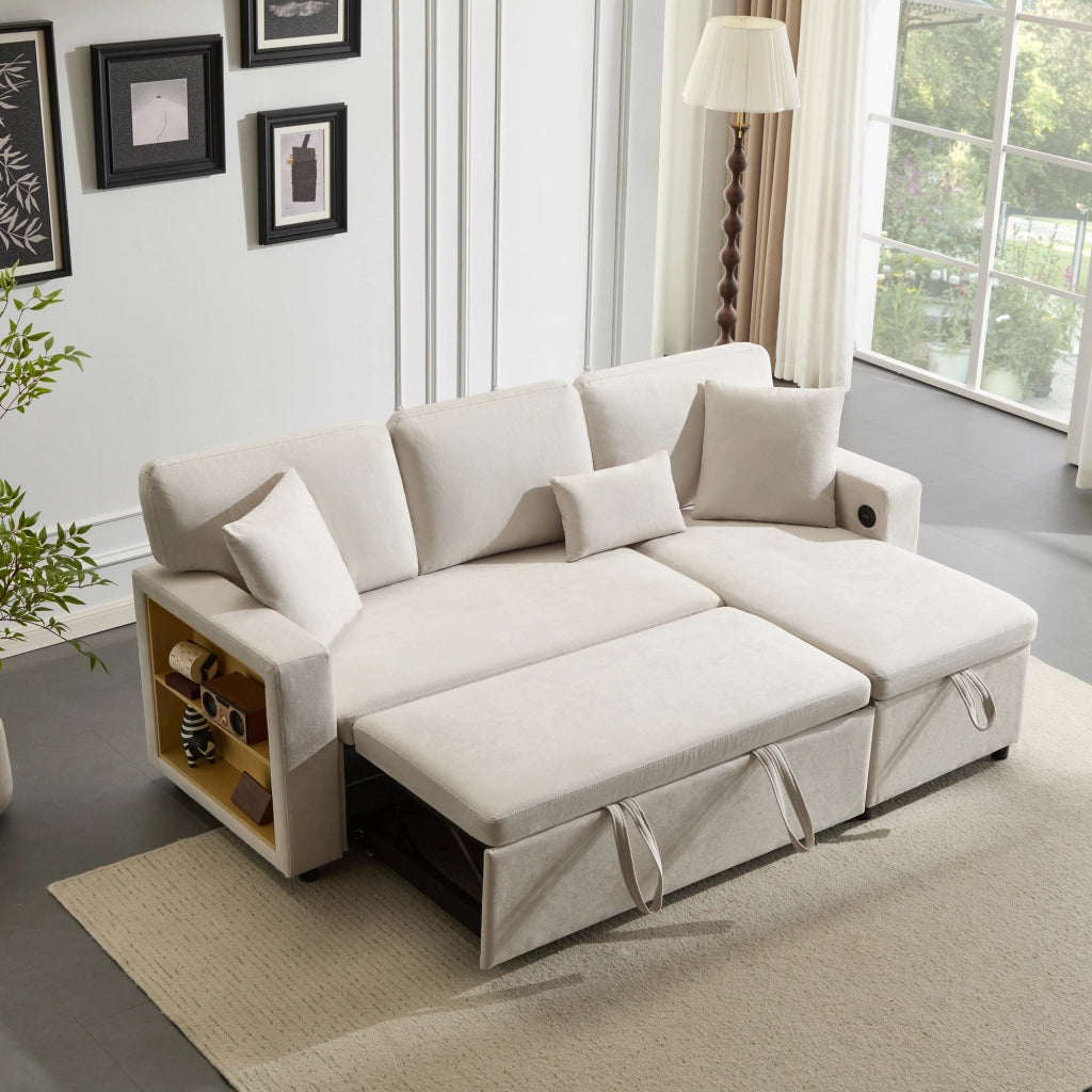 Divano angolare letto estraibile - Zephmum- Forma L cassetto scaffale integrato beige