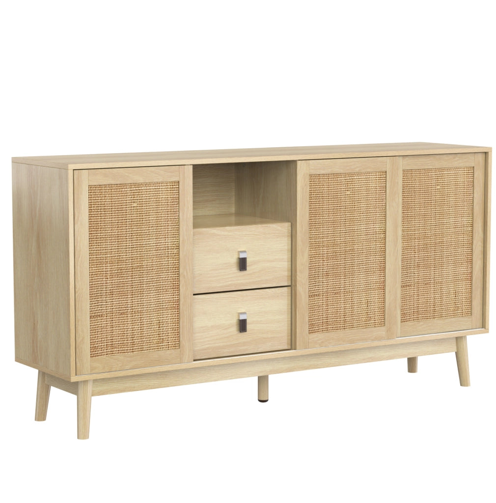 Madia 155x38x80 cm con 2 cassetti e ante scorrevoli in rattan; MDF e pannello truciolare