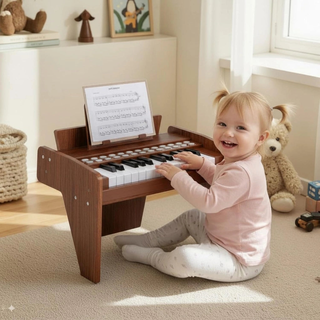 Tastiera a 25 tasti per bambini, pianoforte elettronico con tasto luminoso e leggio, pianoforte digitale per bambini di 18+ mesi, registrazione e lettura, modalità di apprendimento (marrone)