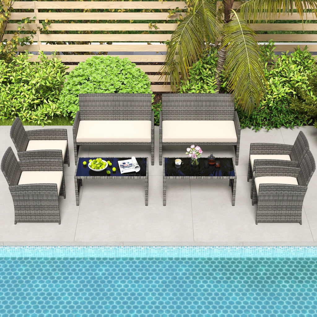 Set conversazione patio 4 pezzi in vimini con cuscini e vetro temperato, Mobili da esterno per giardino veranda balcone Bianco