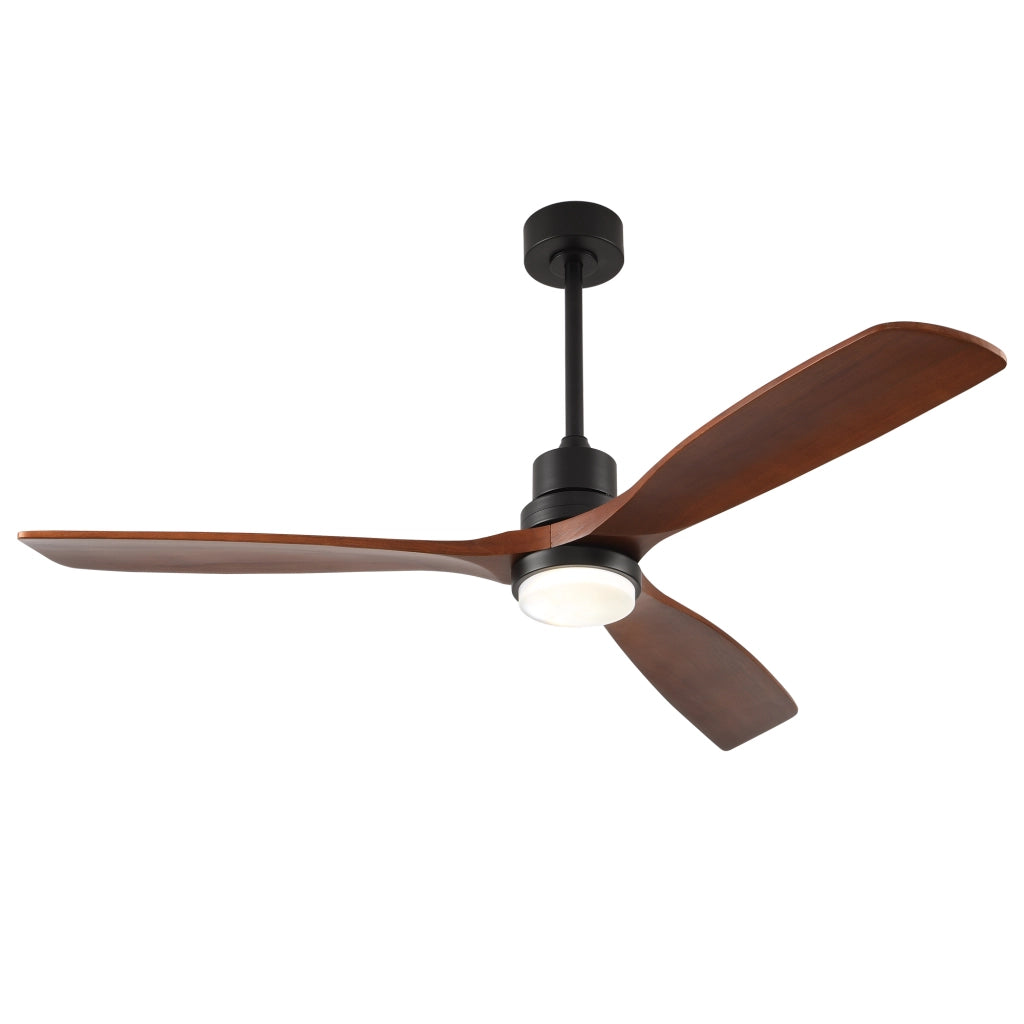 Ventilatore da soffitto con luce LED regolabile e motore reversibile in legno; noce e nero