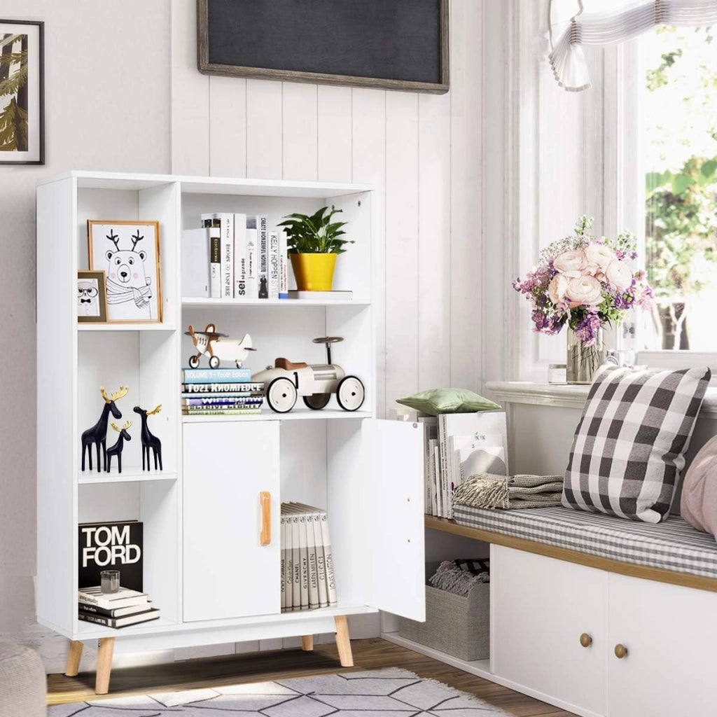 Armadietto Legno Mobile Soggiorno Scaffale Libreria Armadio Mobile, con 5 Scompartimenti, 119x80x24cm, Bianco