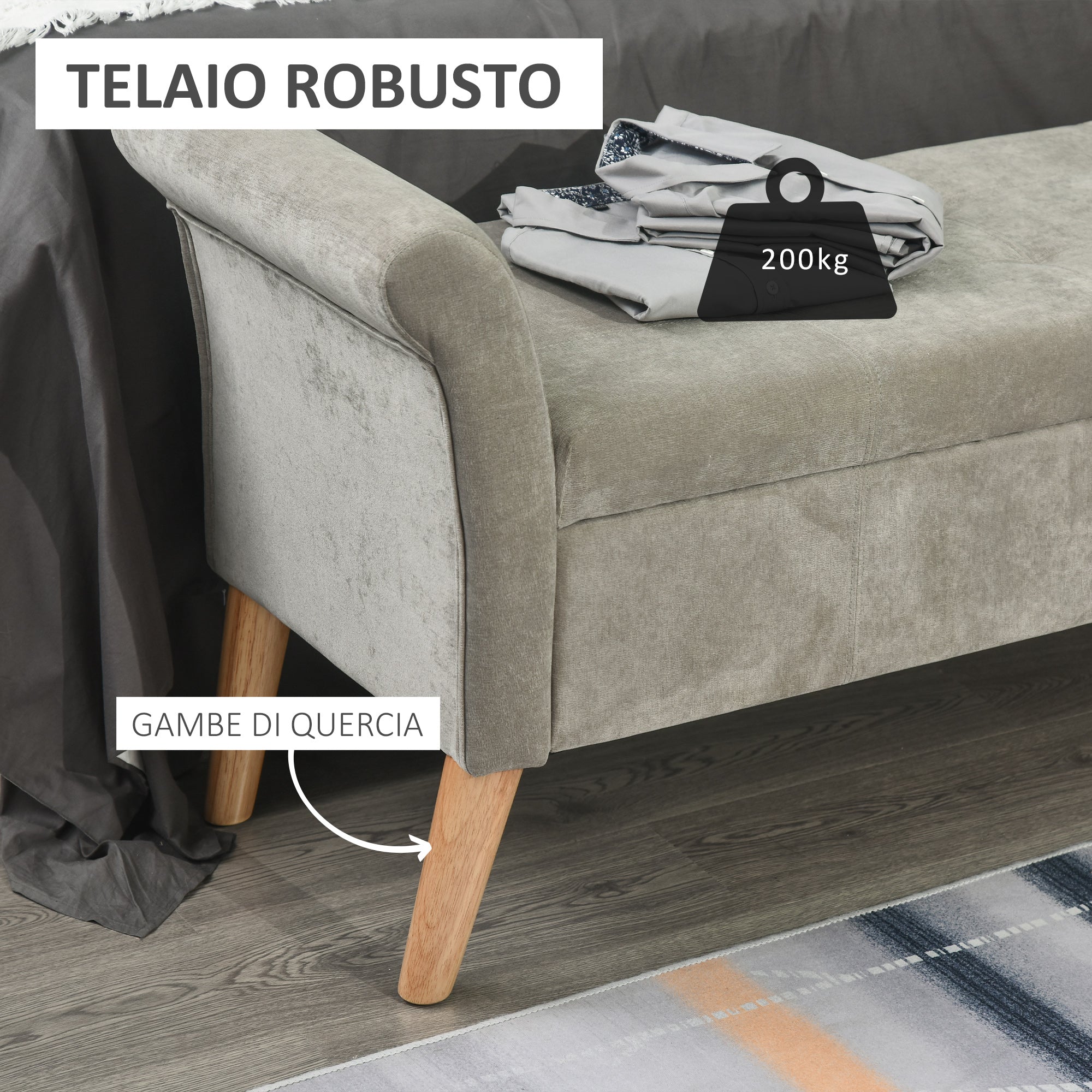 Panca Pouf Contenitore in Tessuto Imbottito con Braccioli 136,5x45x62 cm  Grigia