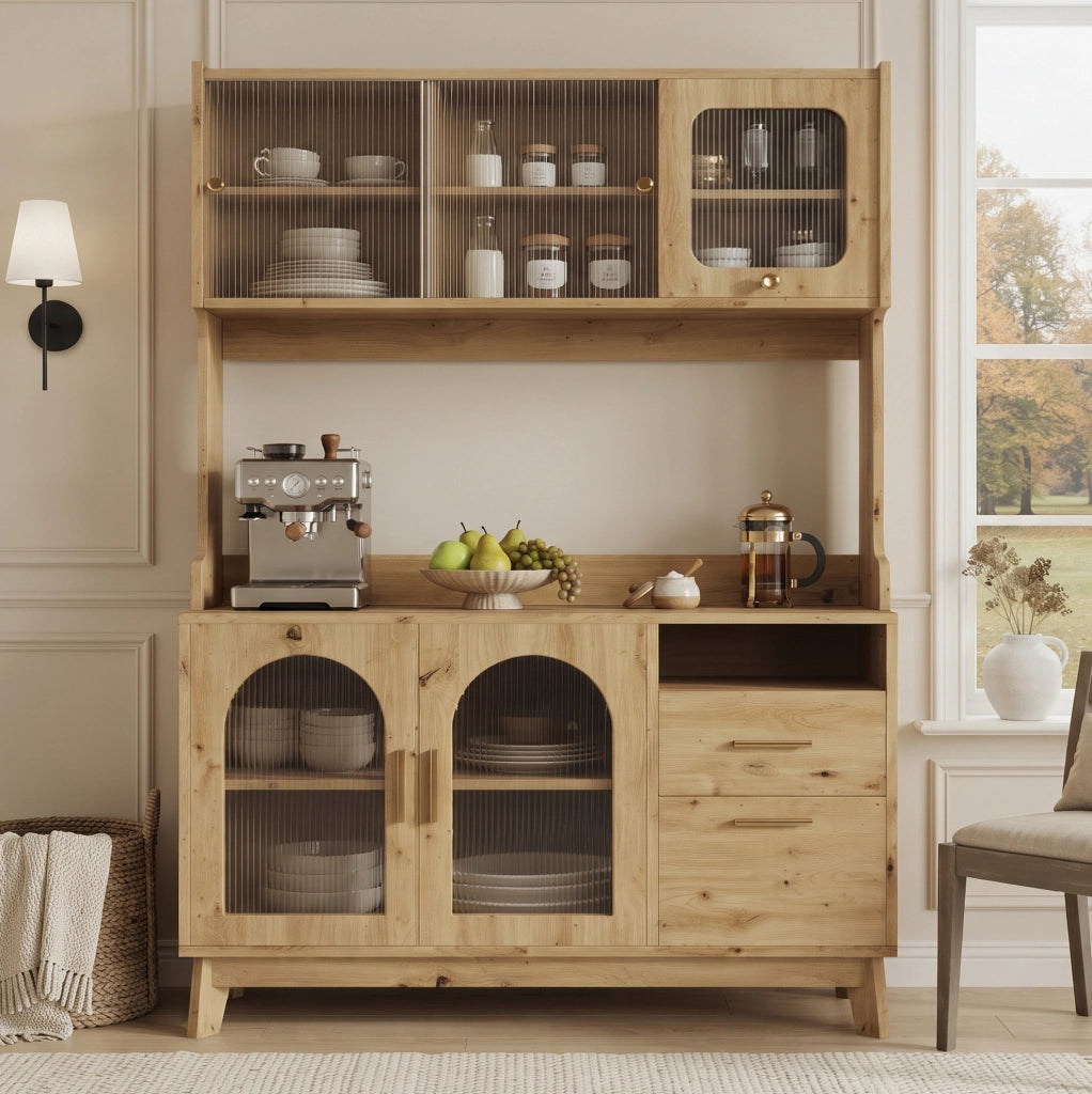 Credenza alta da cucina 120x40x178 cm in truciolare colore legno; con prese USB e frontale acrilico
