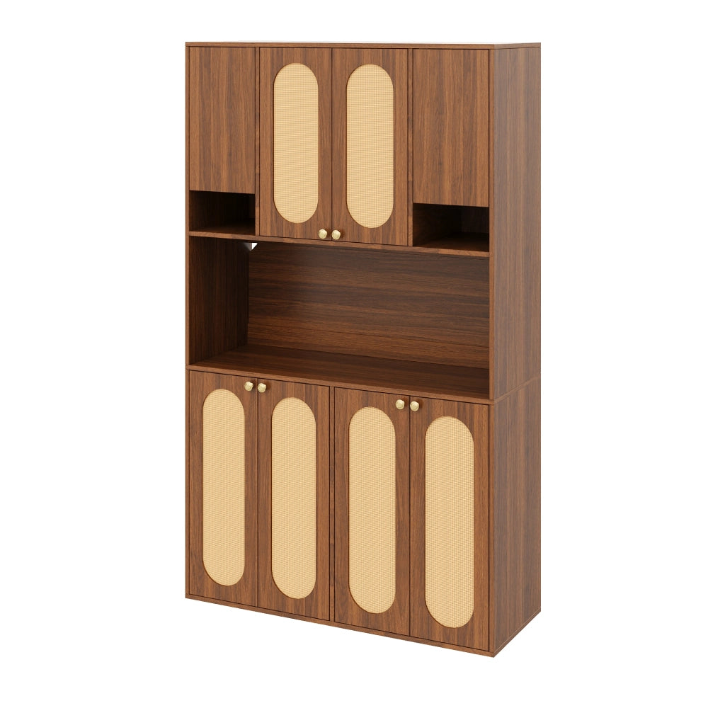 Credenza alta con 8 ante e LED, per sala da pranzo e soggiorno, in MDF e PE-rattan, naturale, 106 × 40 × 178 cm