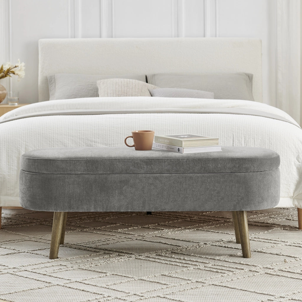 Panca contenitore ovale con vano portaoggetti e coperchio ammortizzato in chenille grigio scuro