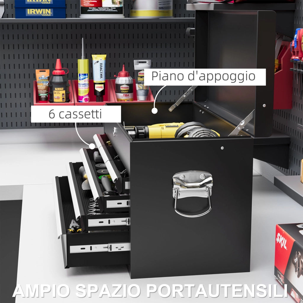Cassetta per Attrezzi 6 Cassetti con Serratura 60x26x34 cm in Acciaio Nero