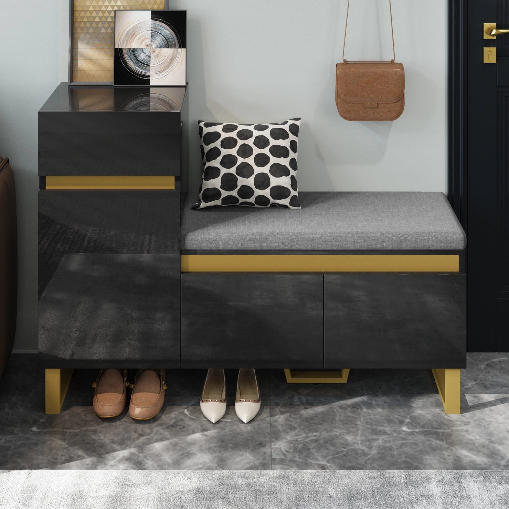 Mobile Porta Scarpe con 2 Ante e 1 Cassetto; Panca Porta Scarpe con Cuscino; Finitura Lucida; in MDF; Nero; 120×35×85 cm