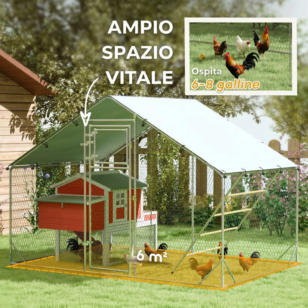 Recinto per Galline da 6m2 per 6-8 Animali con Tetto Impermeabile, Mangiatoia e Posatoio, 3x2x1.9m, Argento