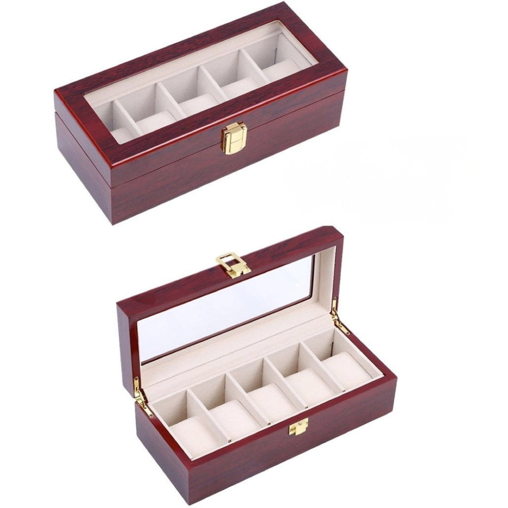 Trade Shop - Scatola Porta Orologi 5 Posti In Legno Con Vetro Custodia Elegante Effetto Lusso -
