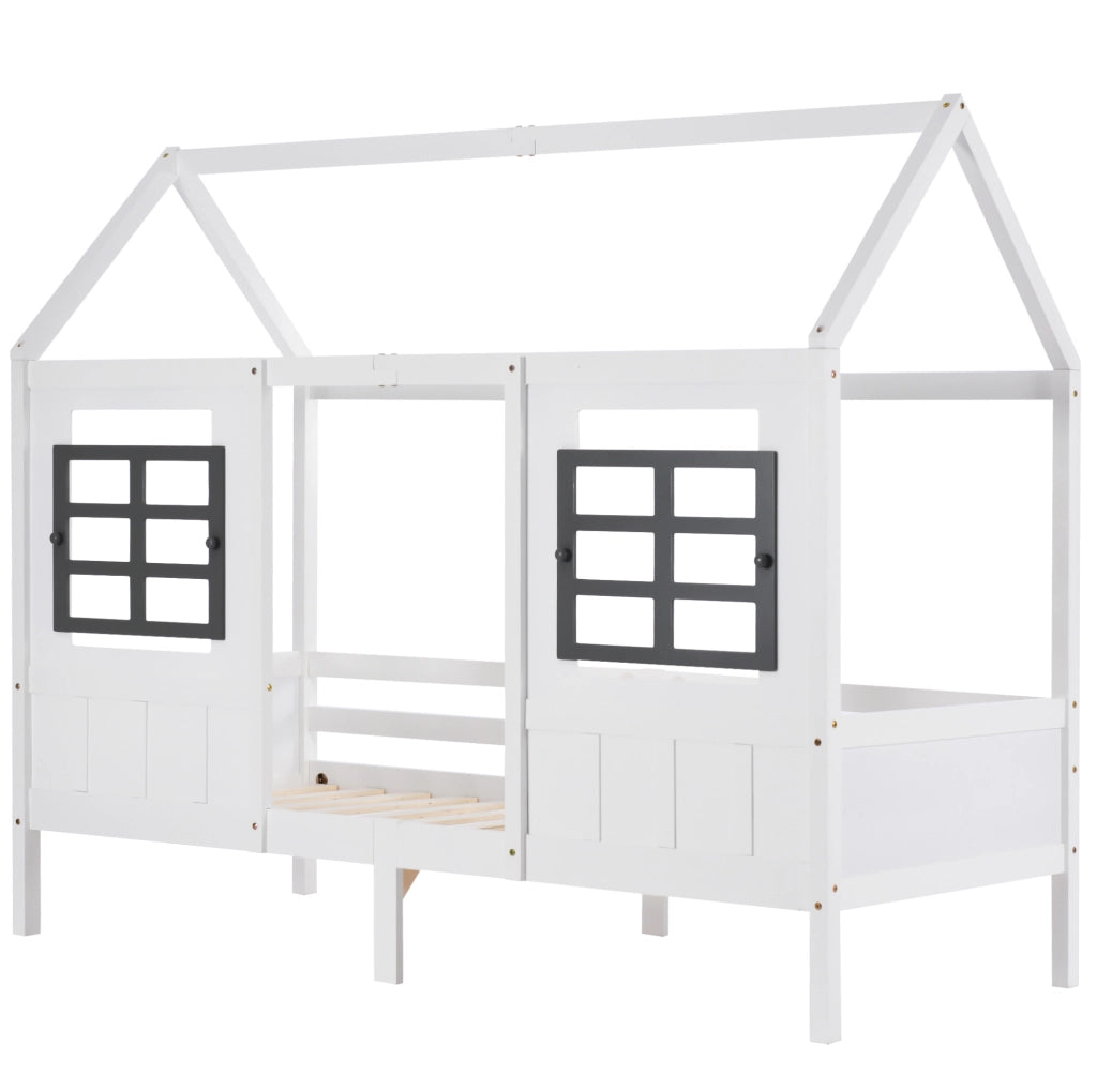 Letto singolo a casetta per bambini con 2 finestre 200x90 cm in legno massello e MDF bianco
