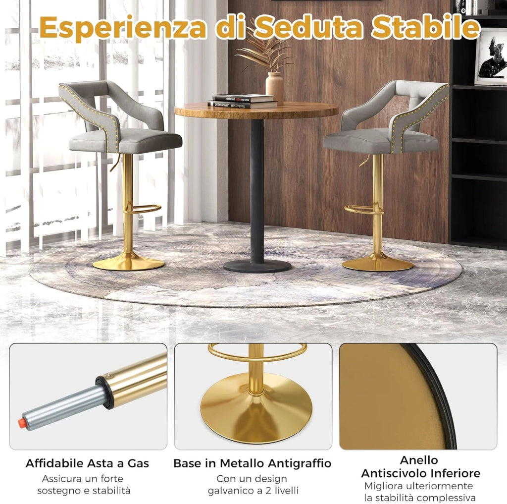 Set 2 Sgabelli da Bar in Velluto, Sedie Girevole e Regolabile con Poggiapiedi, Schienali in Forma a T, Braccioli, Base in Metallo Elettroplaccata per Cucina ad Isola e Sala da Pranzo (Grigio)
