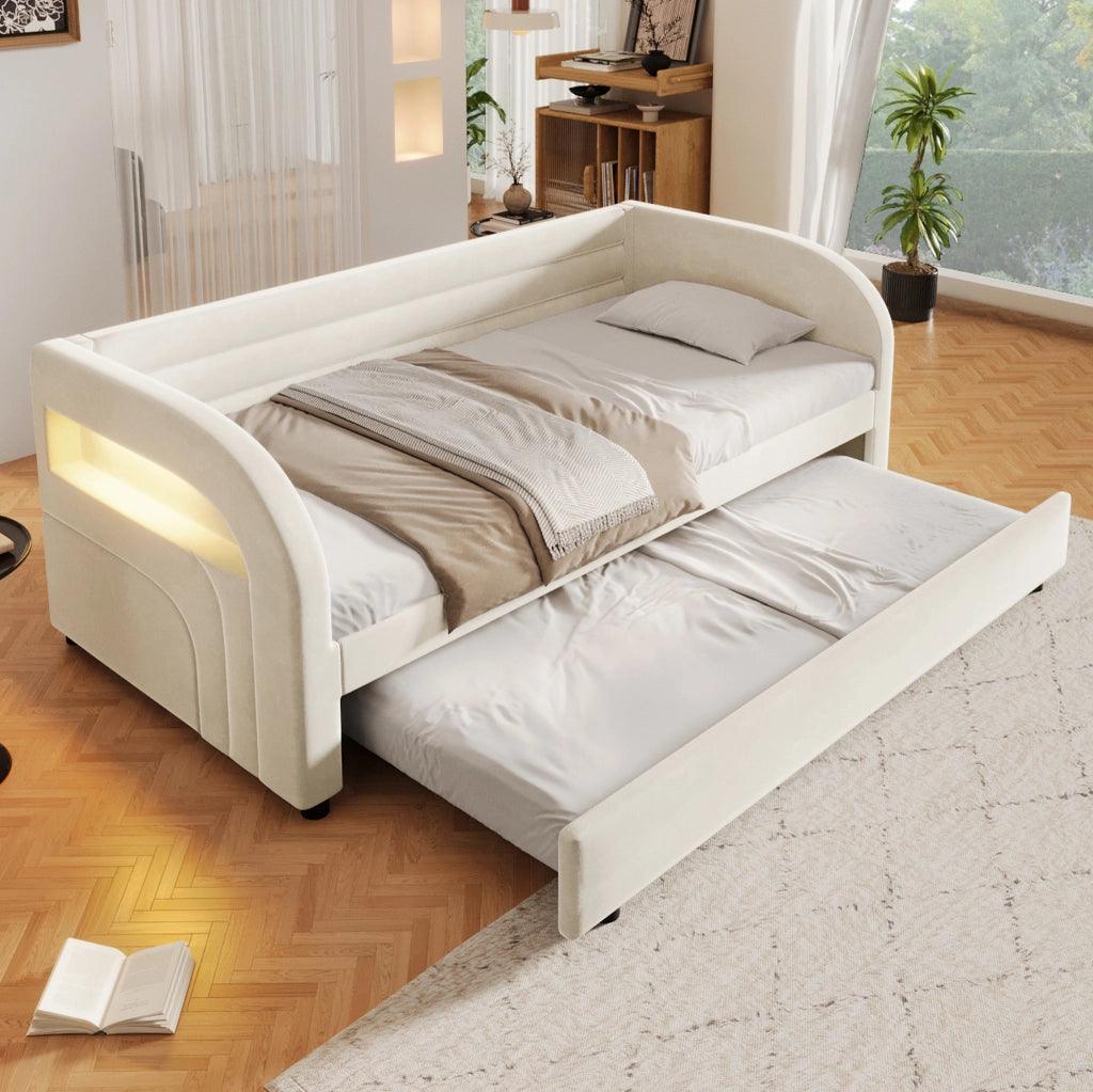 Letto imbottito 90x200 cm beige con letto estraibile e LED