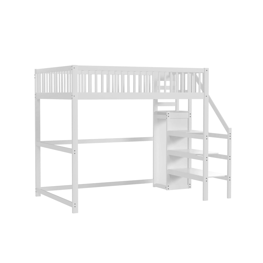Letto a castello bianco in legno con scala e ripiano portaoggetti 140x200 cm