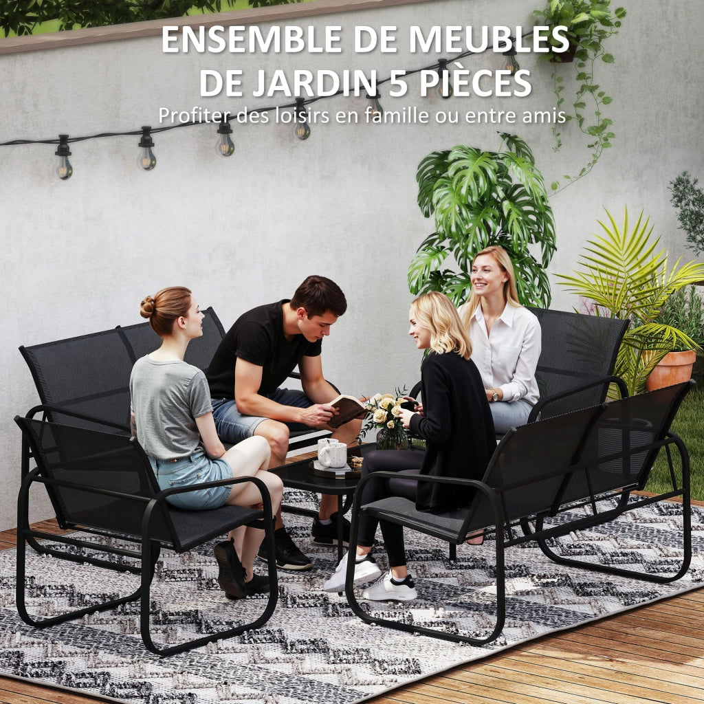 Set giardino 5 pezzi con divano, poltrone e tavolino in vetro ¨C zephmum ¨C grigio, acciaio, textilene