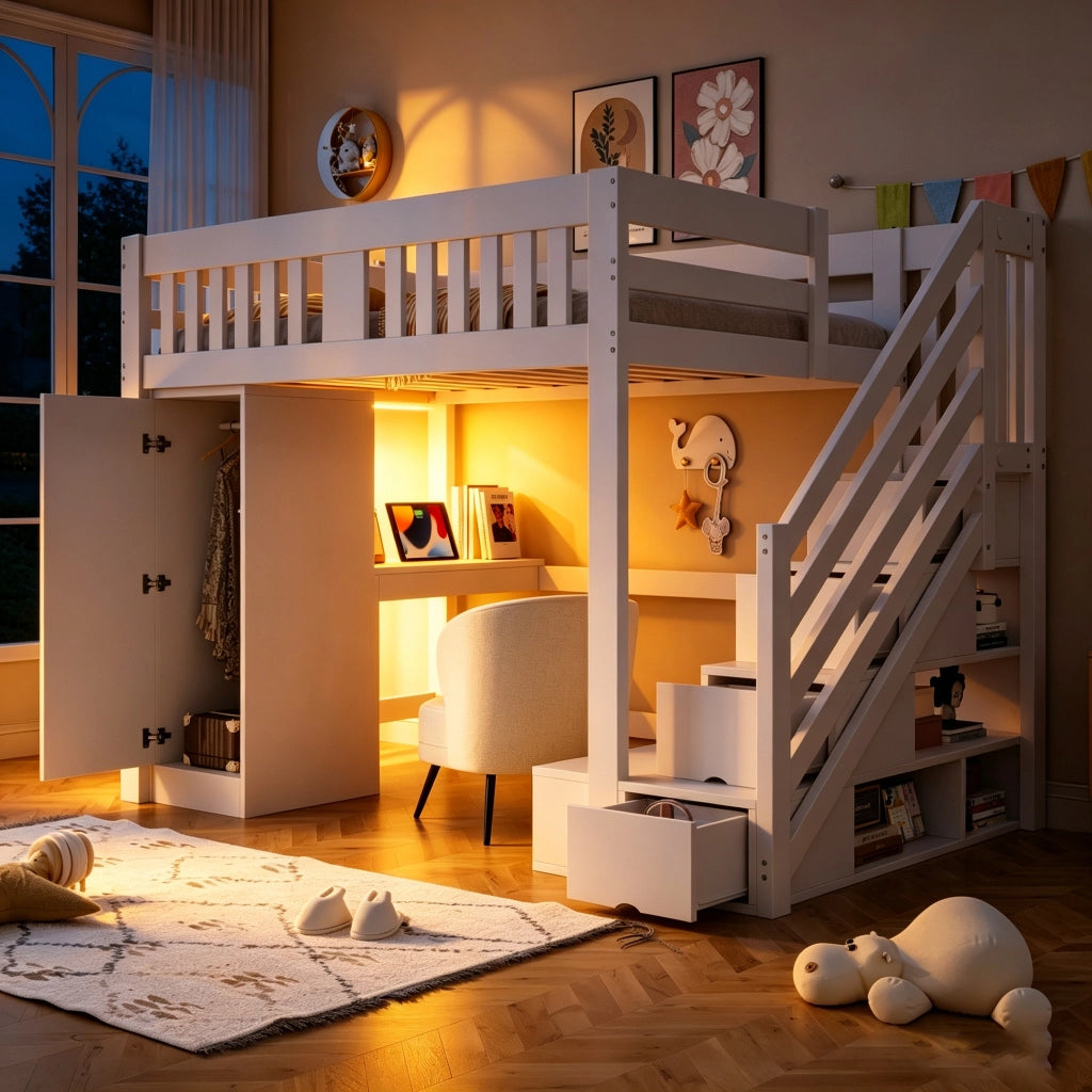 LETTO A CASTELLO 140x200 cm con scrivania, scala contenitore e LED bianco