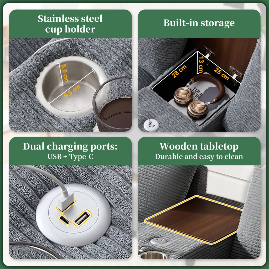 Divano angolare modulare in corduroy con consolle centrale porte USB portabicchieri e cuscini grigio per soggiorno