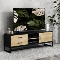 Mobile Porta TV 60" con Armadietto, 2 Cassetti e Ripiani Aperti, 140x35x45 cm, Legno Naturale