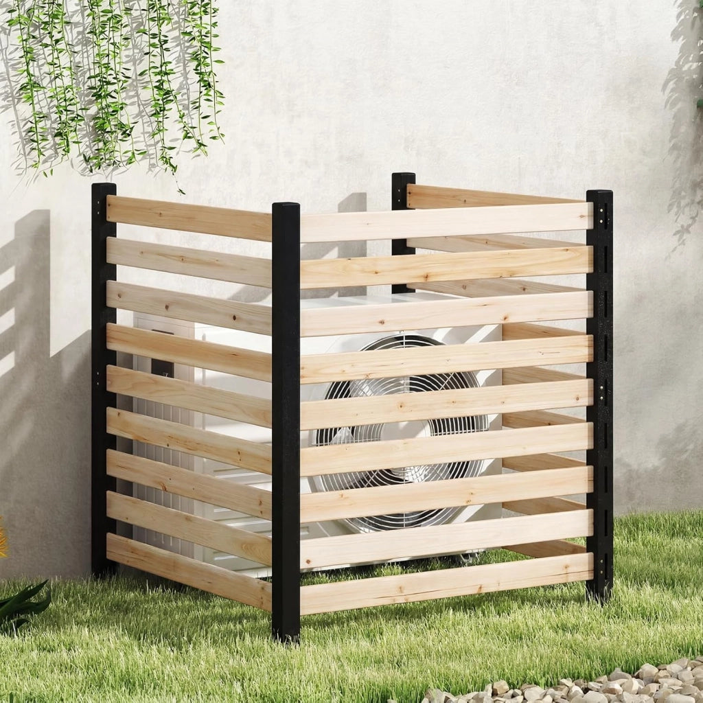 Recinzione da Giardino in Legno a 3 Pannelli con 3 Picchetti | Pannelli Frangivista a Doghe da Esterno per Condizionatore e Bidone Spazzatura, 98 x 107 cm