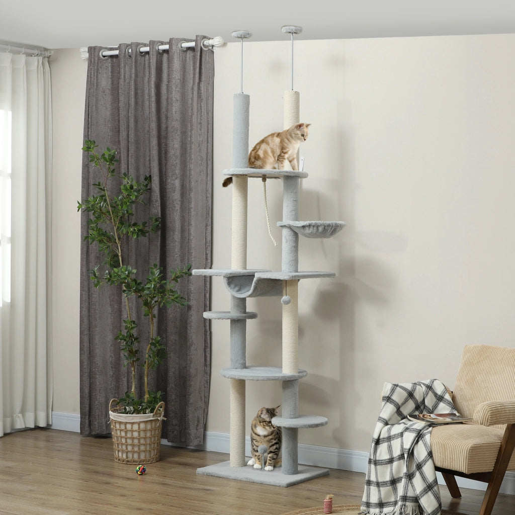Tiragraffi per Gatti da Pavimento a Soffitto ¨C Xylo ¨C 225-255 cm Grigio con Amache Piattaforme