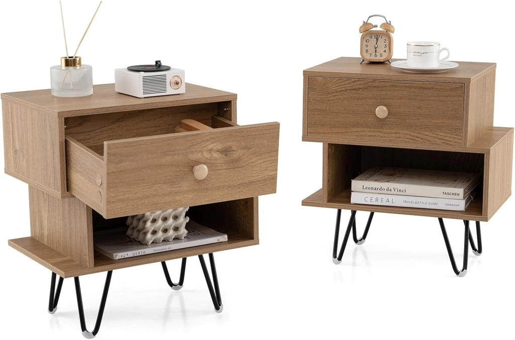 Set di 2 Comodini, Tavolino Moderno con Cassetto Rimovibile, Scomparto Aperto e Gambe in Metallo, Mobile per Camera da Letto, Soggiorno e Ufficio, Naturale