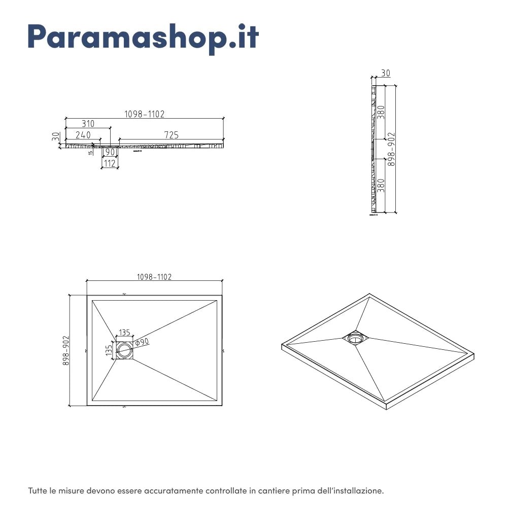 Piatto doccia rettangolare 90x110 cm in marmoresina bianco effetto pietra h3 cm | Milos