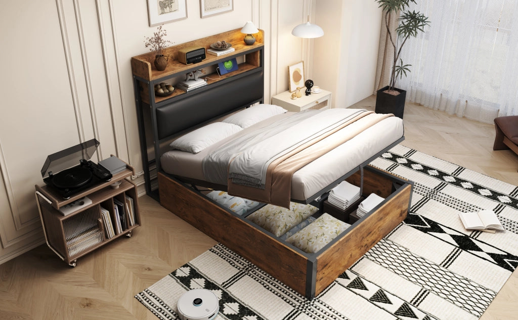 DESMIU Letto contenitore 90 × 200 cm 1 posto con USB, testiera con ripiano, senza materasso, nero