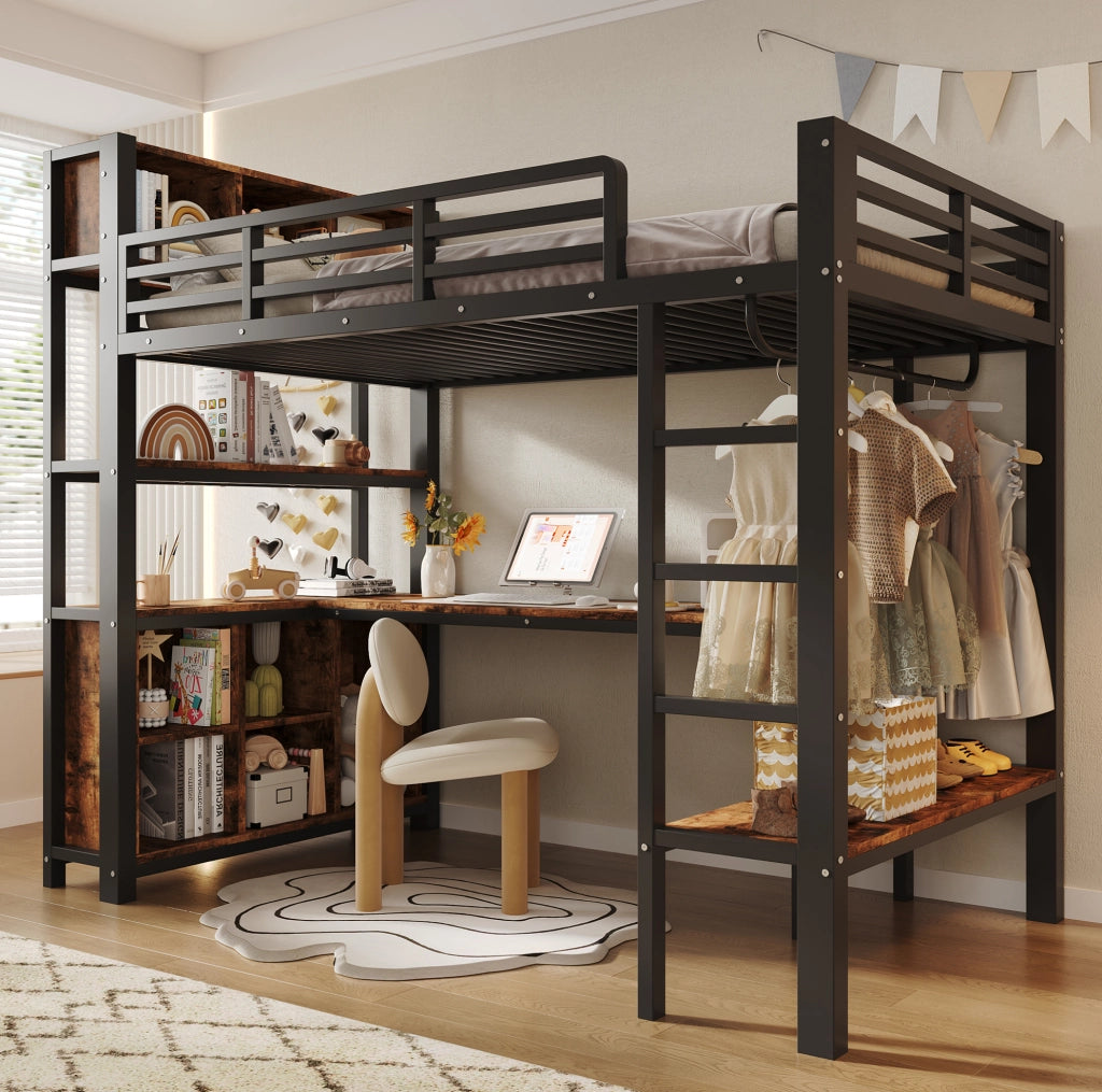 Letto a soppalco 90x200 cm in MDF e metallo nero con scrivania; appendiabiti e ripiani
