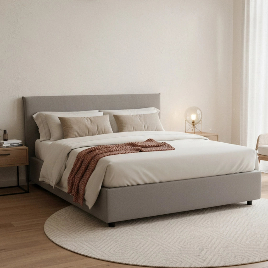 Letto matrimoniale Aros, Letto contenitore con rivestimento in tessuto, Made in Italy, Apertura frontale, con materasso cm 140x200 incluso, Grigio