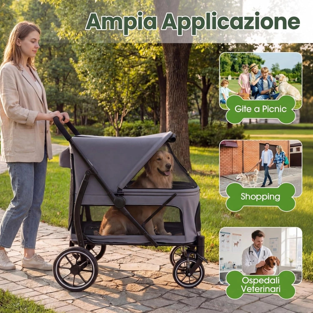 Passeggino Pieghevole per Cani, Carrozzina per Cani Fino a 40 kg con Entrata Bassa, Finestra Regolabile in Rete, Tasche Portaoggetti e Cintura di Sicurezza per Animali Tutte le Taglie (Grigio)