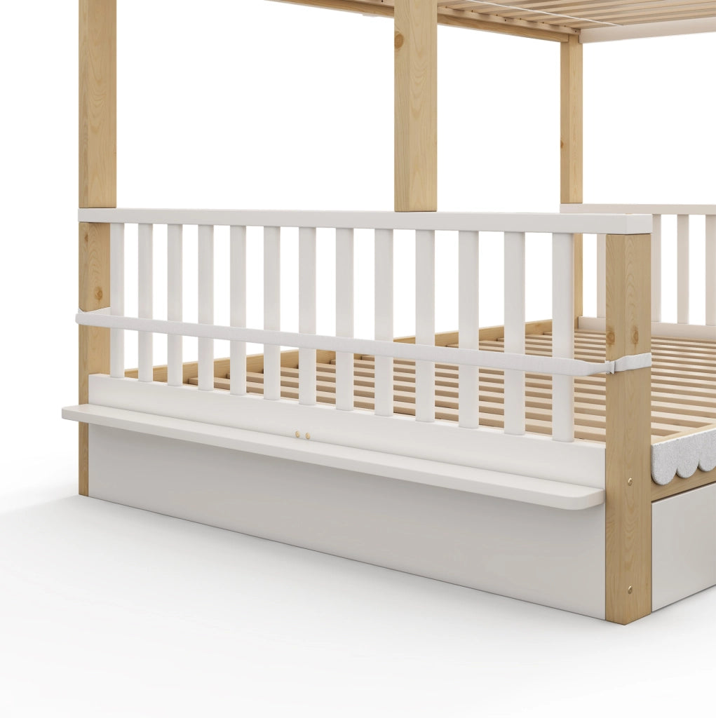 Letto a castello 90x200/140x200 cm con cassetti e portariviste; bianco e rovere