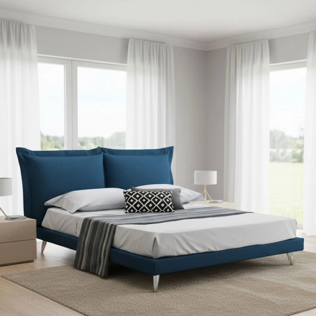 Letto matrimoniale Anatoly, Letto fisso in tessuto con piedini, Made in Italy, adatto per materasso 160x190 cm, Blu